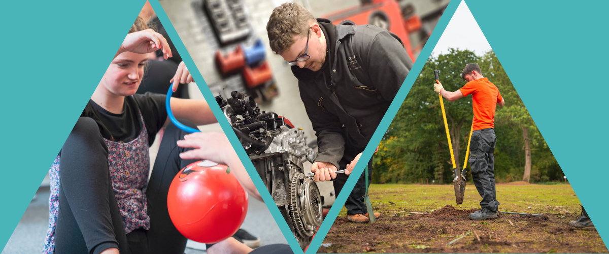 Student playing with sensory item, student working on a car, student digging in ground