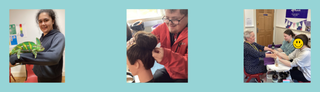 Students holding reptiles and perfecting hair & beauty