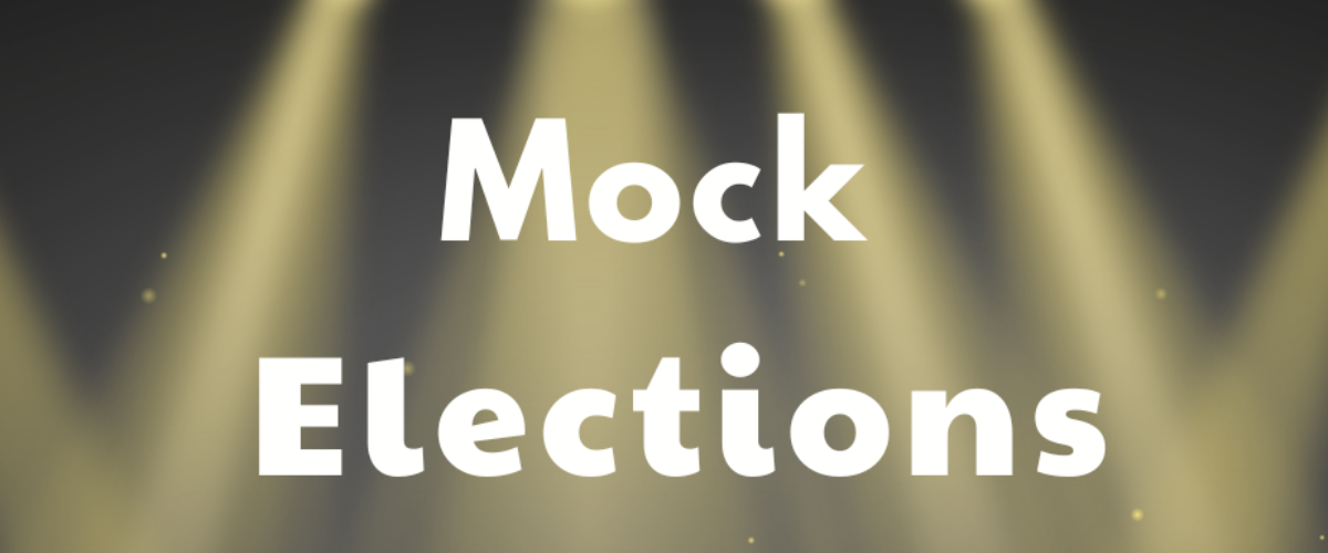Blog post feature image with lights, group of people and text reading 'Mock Elections'