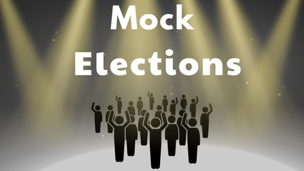 Blog post feature image with lights, group of people and text reading 'Mock Elections'