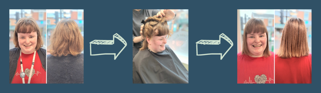 Before and after photos of a client having their hair straightened