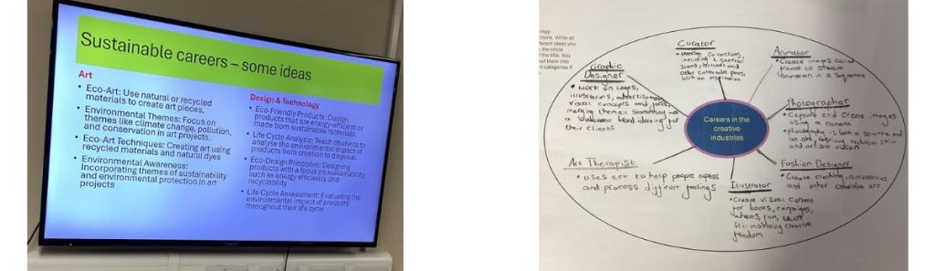 Two photos showing a presentation and a careers mind map
