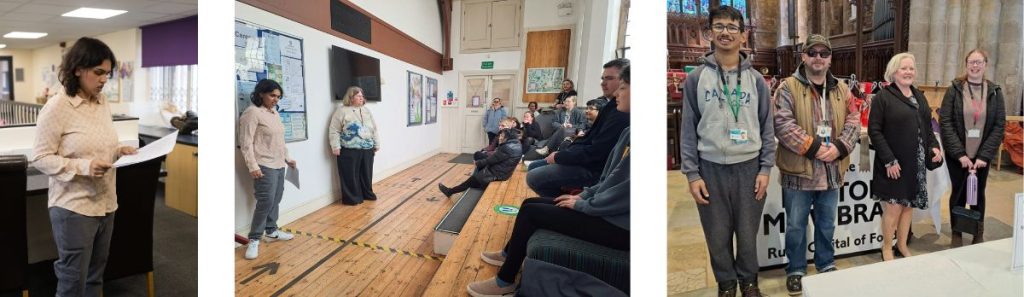 Three photos, one of janvee talking, one of janvee talking to a group, and one of two students and two staff at the pie awards