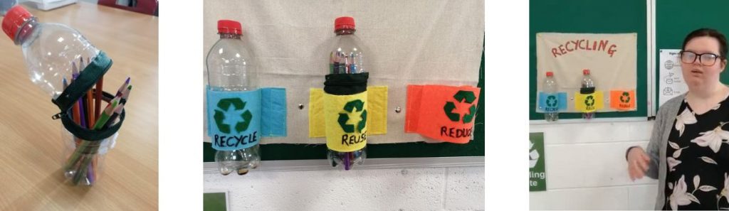 Three photos of a sustainability project to create a pencil case out of a bottle