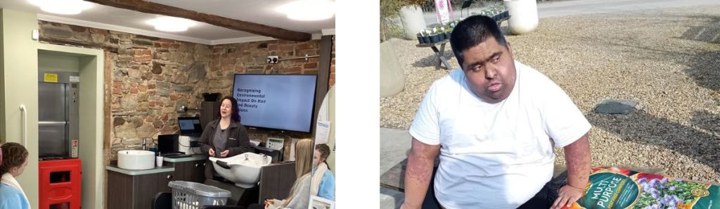 Two photos showing a talk in hair and beauty and a student at a garden centre with compost