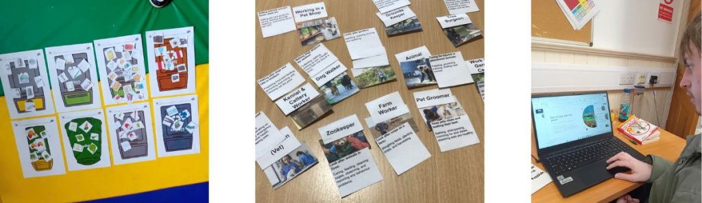 Three photos showing recycling bins, matching career titles to images and a student creating a presentation