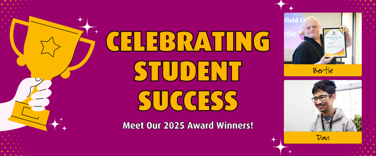 Blog post banner graphic depicting the title "Celebrating Student Success" and subtitle "Meet Our 2025 Award Winners". On the left of the text is an illustration of a hand proudly holding a trophy, while on the right side are two framed pictures of our winners, Bertie and Dan