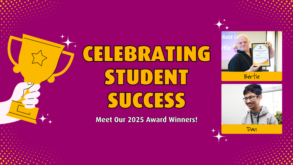 Blog post banner graphic depicting the title "Celebrating Student Success" and subtitle "Meet Our 2025 Award Winners". On the left of the text is an illustration of a hand proudly holding a trophy, while on the right side are two framed pictures of our winners, Bertie and Dan