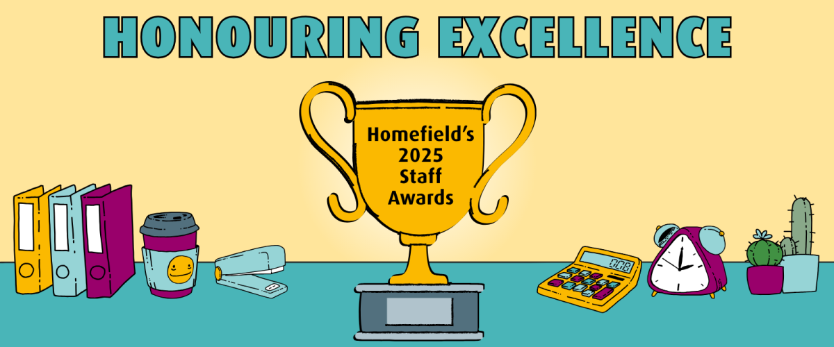 Graphic blog post banner featuring the title "Honouring Excellence" in a large, cheerful blue font. The black subtitle "Homefield's 2025 Staff Awards" is featured on an illustration of a trophy, surrounded by various office equipment: a stapler, a stack of binders, a coffee cup, a calculator, a clock, and two potted plants