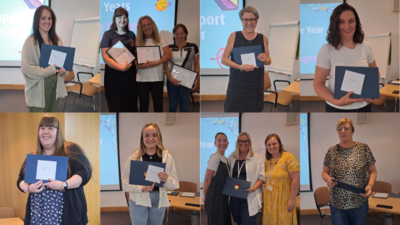 A collage of all the staff award winners collecting their certificates and smiling at the camera.