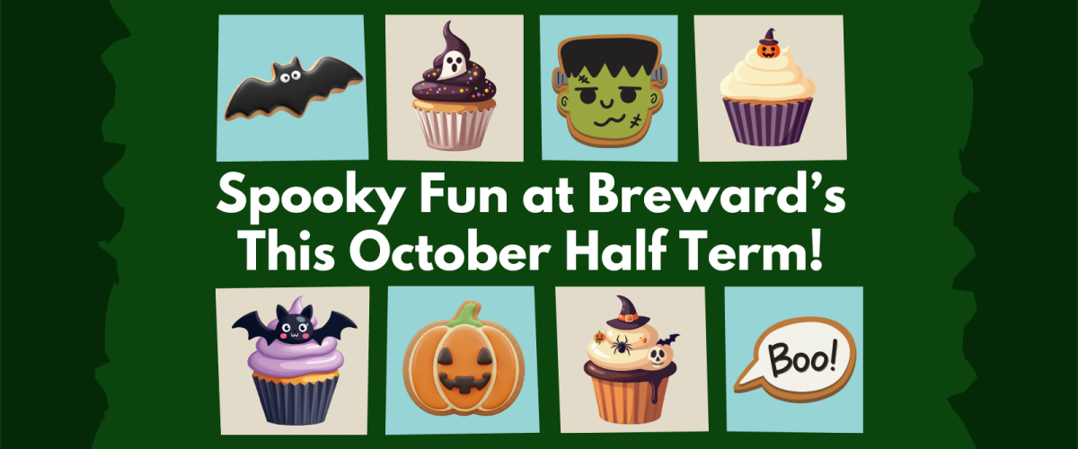 Blog post banner featuring the title "Spooky Fun at Breward's This October Half Term!", surrounded by illustrations depicting Halloween-decorated cupcakes and cookies.