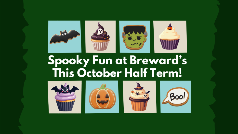 Blog post banner featuring the title "Spooky Fun at Breward's This October Half Term!", surrounded by illustrations depicting Halloween-decorated cupcakes and cookies.