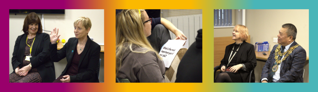 Three photos showing students and guests at the opening