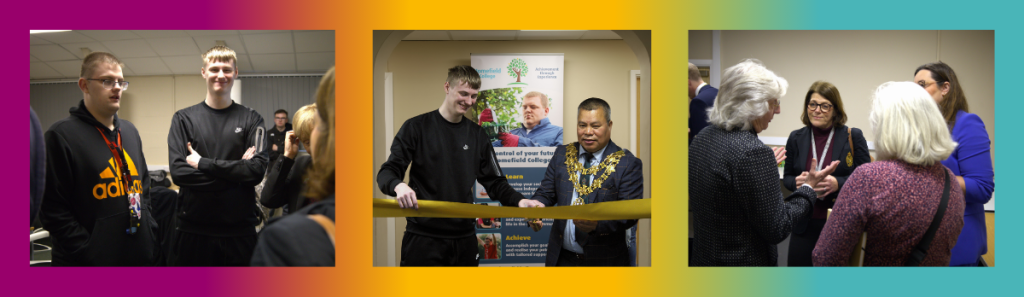 Three photos showing students and guests at the opening