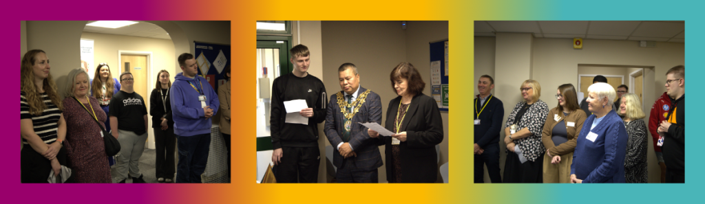 Three photos showing students and guests at the opening