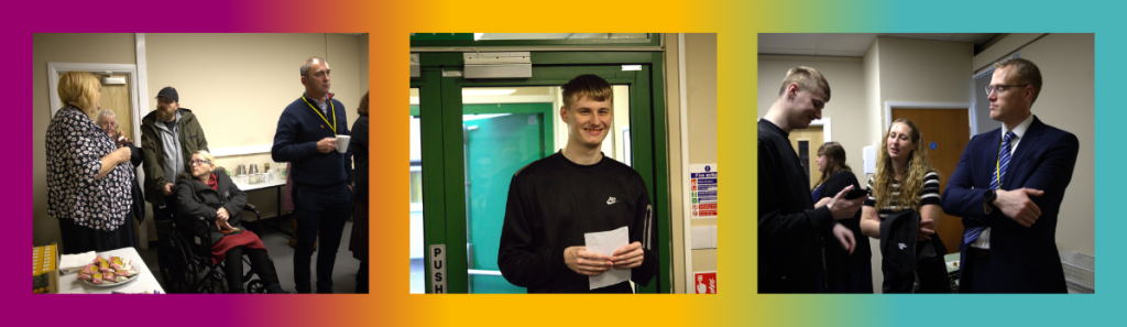 Three photos showing students and guests at the opening