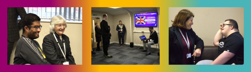 Three photos showing students and guests at the opening