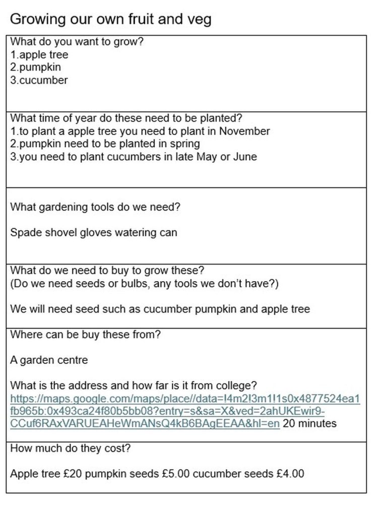 A screenshot of a table with the title "Growing our own fruit and veg", following several cells of research on planting and gardening, as well as prices for specific tools
