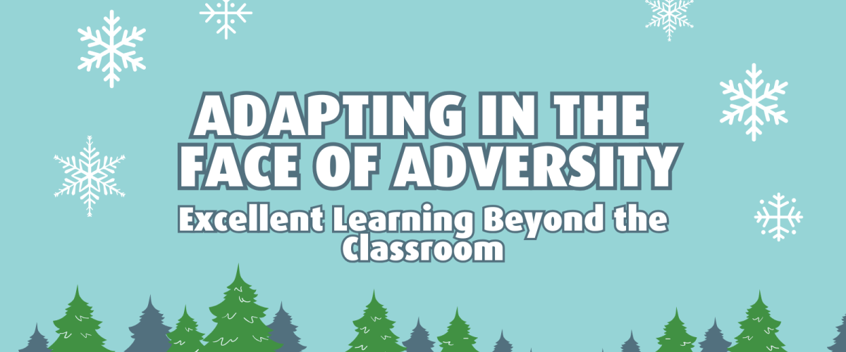 An ilustration of a snowy hill with trees, and the title of the blog post "Adapting in the Face of Adversity - Excellent Learning Beyond the Classroom" in the centre, surrounded by snowflakes.