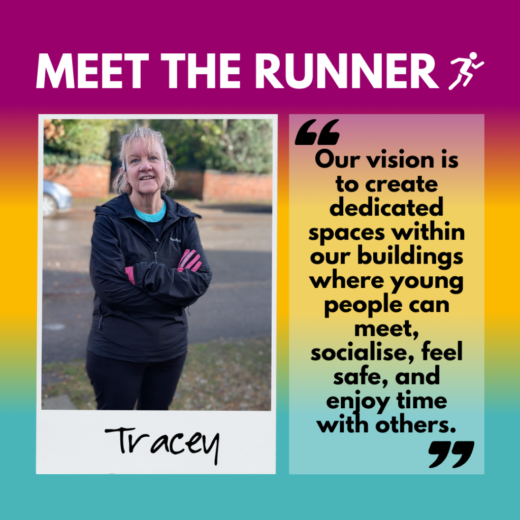 "Meet the runner" title at the top of the image. Underneath is a polaroid frame with a photo of Principal Tracey in her running gear, with her name written underneath. Next to the photo is a quote from Tracey, reading: "Our vision is to create dedicated spaces within our buildings where young people can meet, socialise, feel safe, and enjoy time with others"