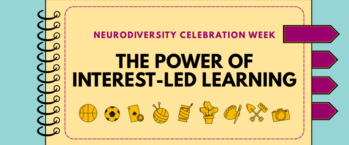 a graphic of a spiralbound notebook open one one page, which displays the title "Neurodiversity Celebration Week: The Power of Interest-Led Learning", followed by a row of small illustrations depicting hobbies: a basketball, a football, a playing card, a ball of yarn, a skein of thread, a houseplant, a paint palette and brush, a shovel and a trowel and a photo camera.