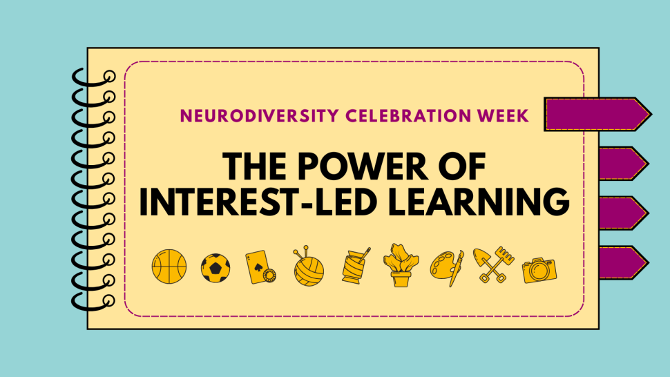 a graphic of a spiralbound notebook open one one page, which displays the title "Neurodiversity Celebration Week: The Power of Interest-Led Learning", followed by a row of small illustrations depicting hobbies: a basketball, a football, a playing card, a ball of yarn, a skein of thread, a houseplant, a paint palette and brush, a shovel and a trowel and a photo camera.