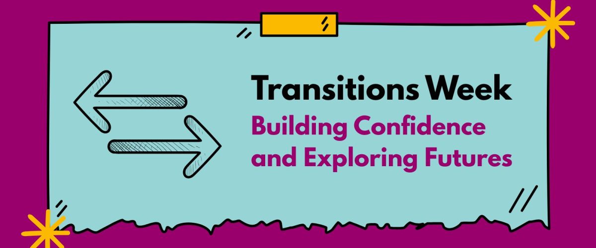 A graphic banner of a scrap of paper with a two-arrow symbol representing changes. Title: "Transitions Week". Subtitle: Building Confidence and Exploring Futures"