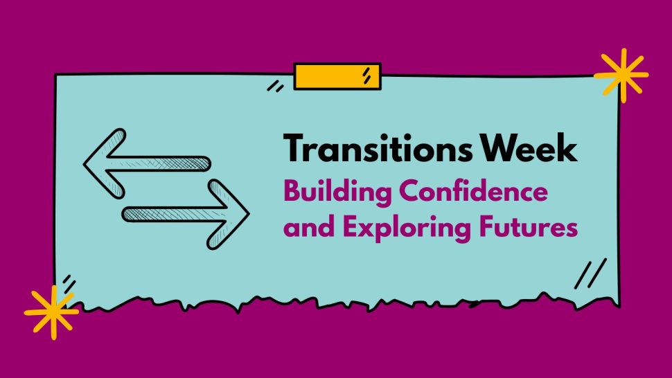 A graphic banner of a scrap of paper with a two-arrow symbol representing changes. Title: "Transitions Week". Subtitle: Building Confidence and Exploring Futures"