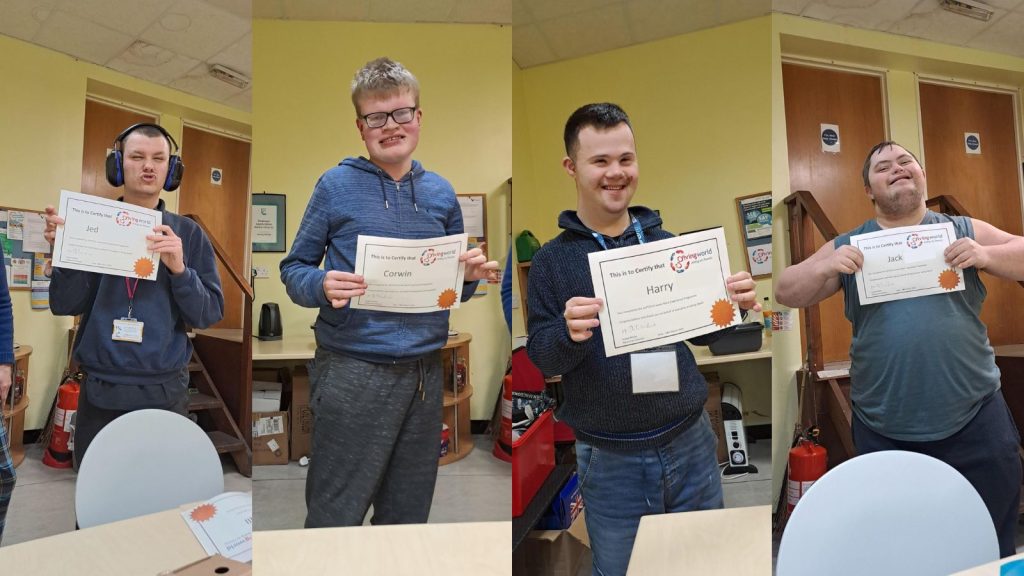 a collage of students Jed, Corwin, Harry and Jack smiling at the camera and proudly showing off their certificates of completion of their work experience at Giving World.
