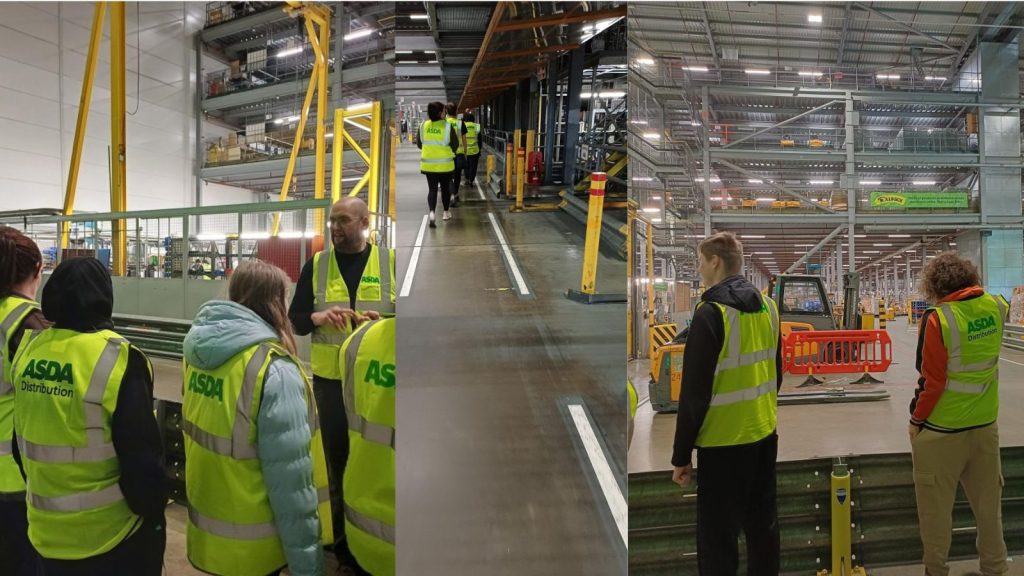 A collage of 3 images. Image 1: A group of students in high-vis vests watching an Asda staff members presentation in the Asda warehouse. Image 2: Two of our students exploring the Asda warehouse. Image 3: Two of our students exploring the Asda warehouse.