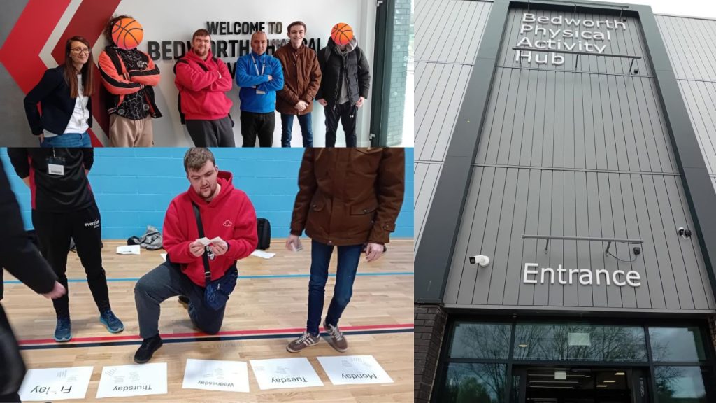 A collage of 3 images. Image 1: A group image of our staff members and students in the entrance of the Everyone Active building. Image 2: One of our students doing a word association exercise using pieces of paper. Image 3: The entrance of the Bedworth Physical Activity Hub.