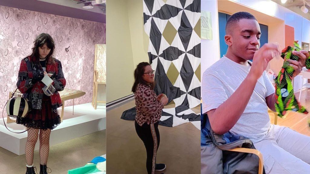 A collage of 3 images. Image 1: One of our students taking notes on a small notepad while exploring the Attenborough Arts Centre. Image 2: One of our students exploring the Attenborough Arts Centre. Image 3: One of our students working on a small project while exploring the Attenborough Arts Centre.