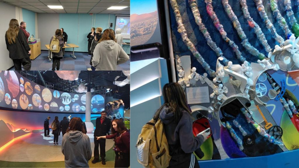 A collage of 3 images. Image 1: Our students listening to a presentation by a staff member from the National Space Centre. Image 2: Our students exploring the National Space Centre. Image 3: One of our students exploring the National Space Centre.