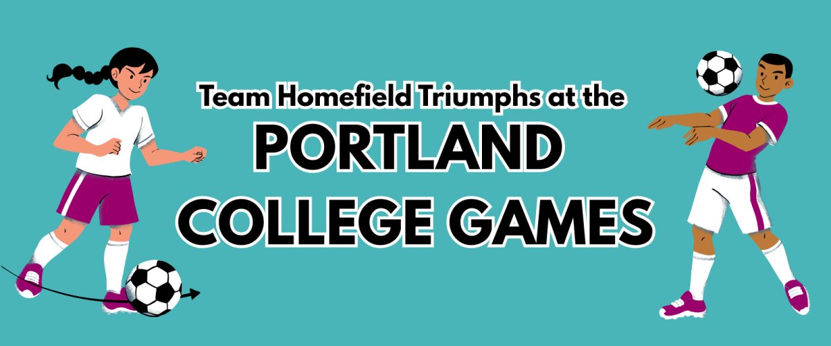 the title "Team Homefield Triumphs at the Portland College Games", surrounded by two illustrations of children playing football