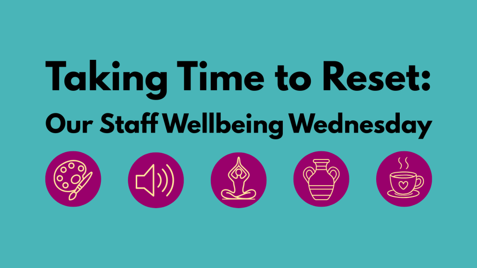 blog post banner depicting five symbols representing the Wellbeing Wednesday activities: Arts & Crafts, Sound Bath, Yoga, Pottery and Catching up over Coffee & Cake. The text reads "Taking Time to Reset: Our Staff Wellbeing Wednesday"