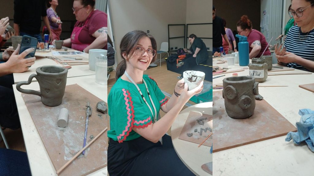 A collage of staff members showing off their pottery creations: a mug with a heart-shaped handle, one with roses on the rim, and one with an abstract design decorated with various stamped shapes.
