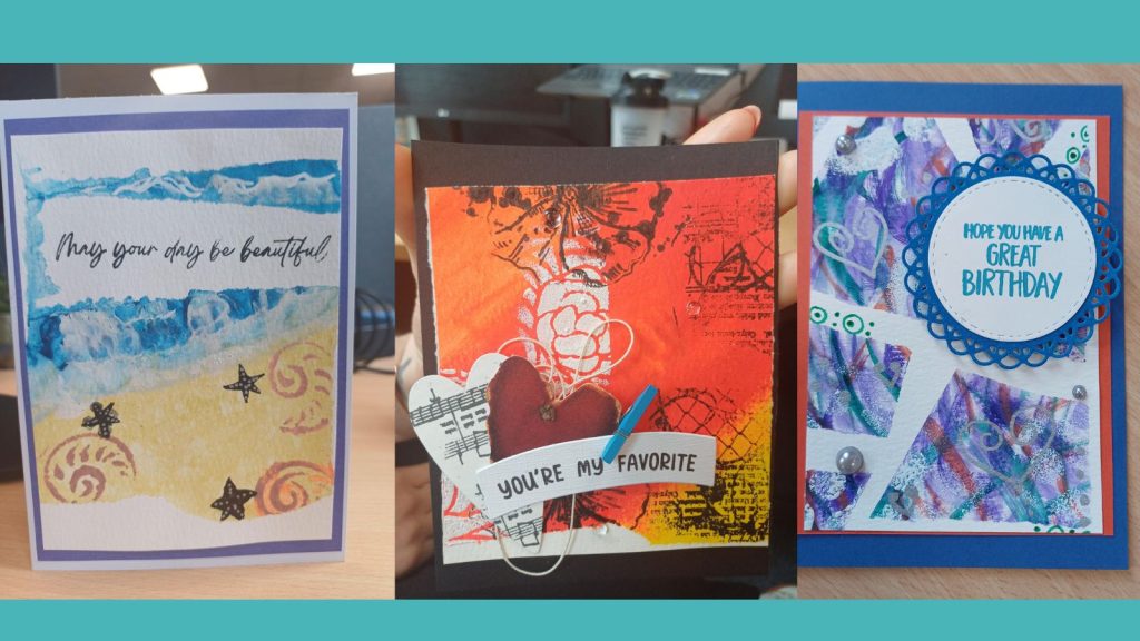 A collage of greeting cards made at the Arts & Crafts workshop: One that says "May your day be beautiful", surrounded by beach-themed visuals; a music and flower-themed one that reads "You're my favourite"; and lastly, a purple and blue geometrical design that reads "Hope you have a great birthday."