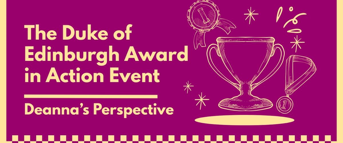 A banner with the title "Celebrating Success" and the subtitle "The Duke of Edinburgh Award in Action Event" on the left. on the right is a sketch-style illustration of a trophy and two medals, surrounded by illustrated star doodles
