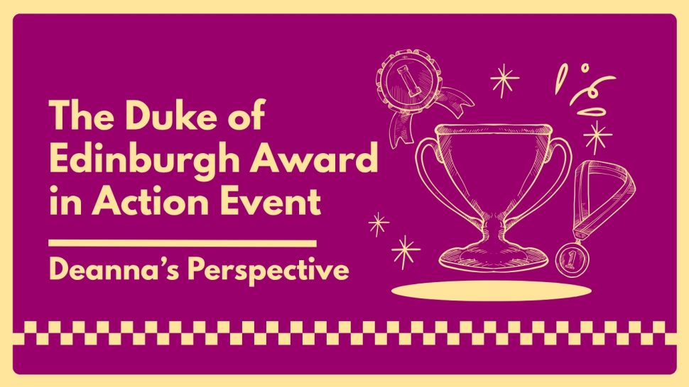 A banner with the title "Celebrating Success" and the subtitle "The Duke of Edinburgh Award in Action Event" on the left. on the right is a sketch-style illustration of a trophy and two medals, surrounded by illustrated star doodles